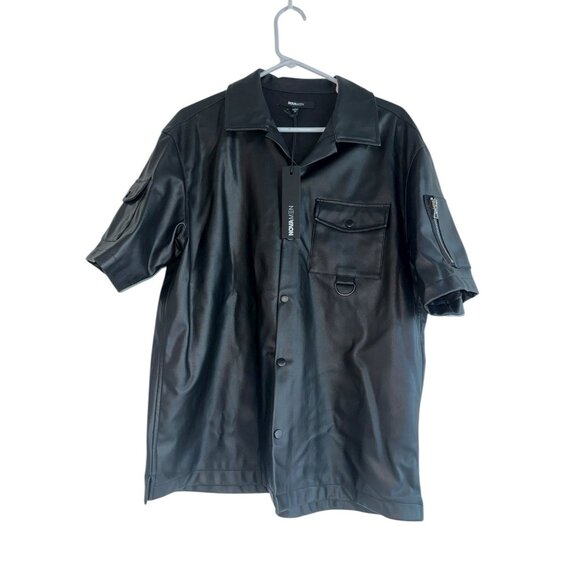 NWT Fashion Nova Men Utility Faux Leather Snap Shirt Sz M Black Short Sleeve - Picture 1 of 7